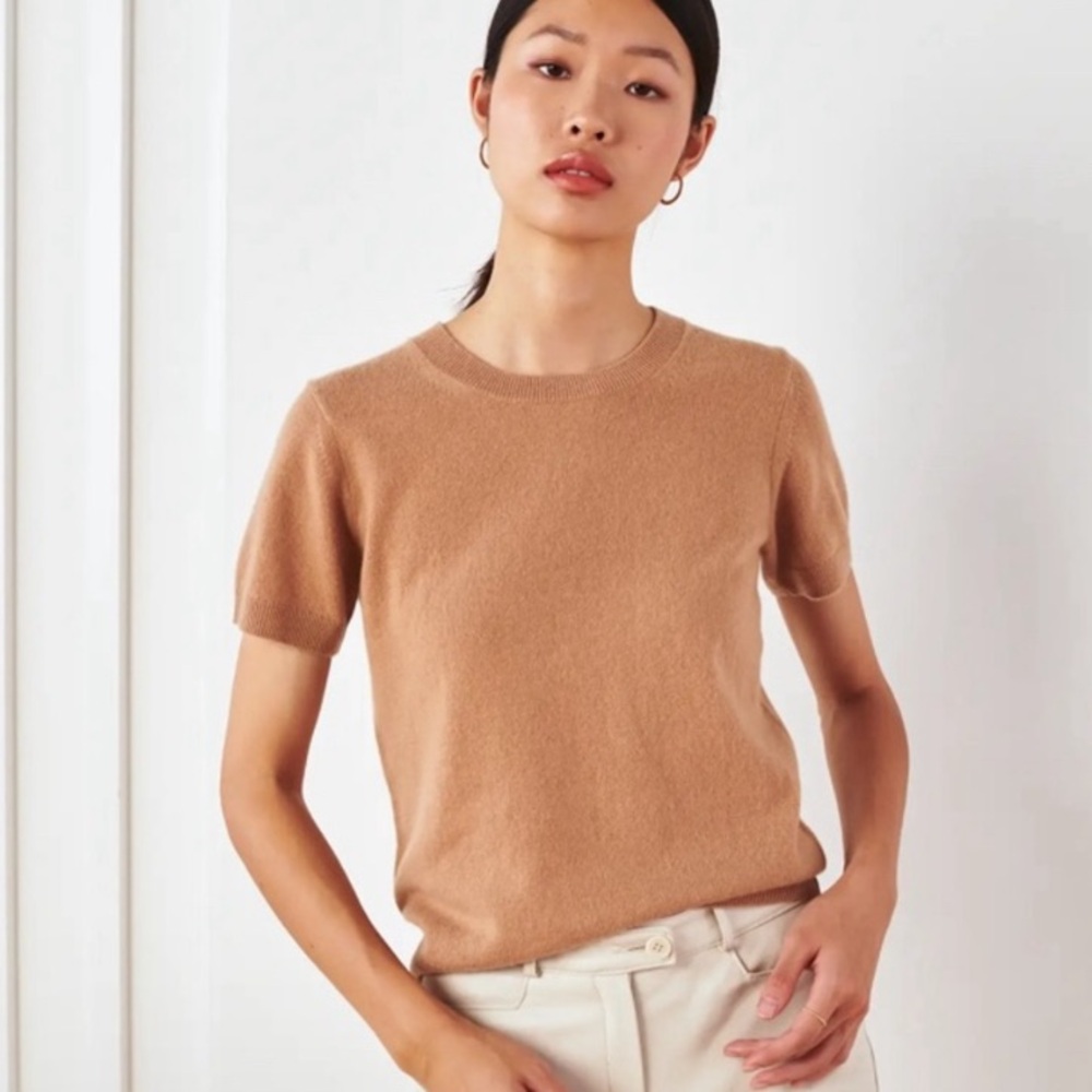 Quince Cashmere Tee Sweater Camel Medium Short Sleeve